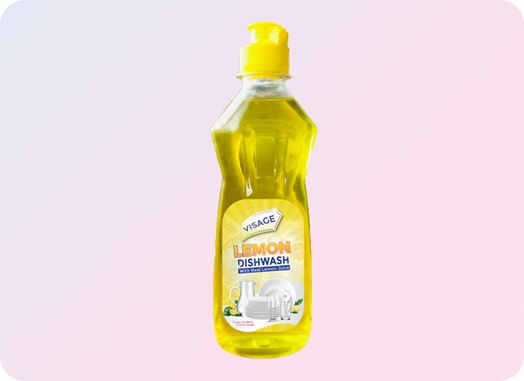 Visage Dish wash bottle with clean dishes.